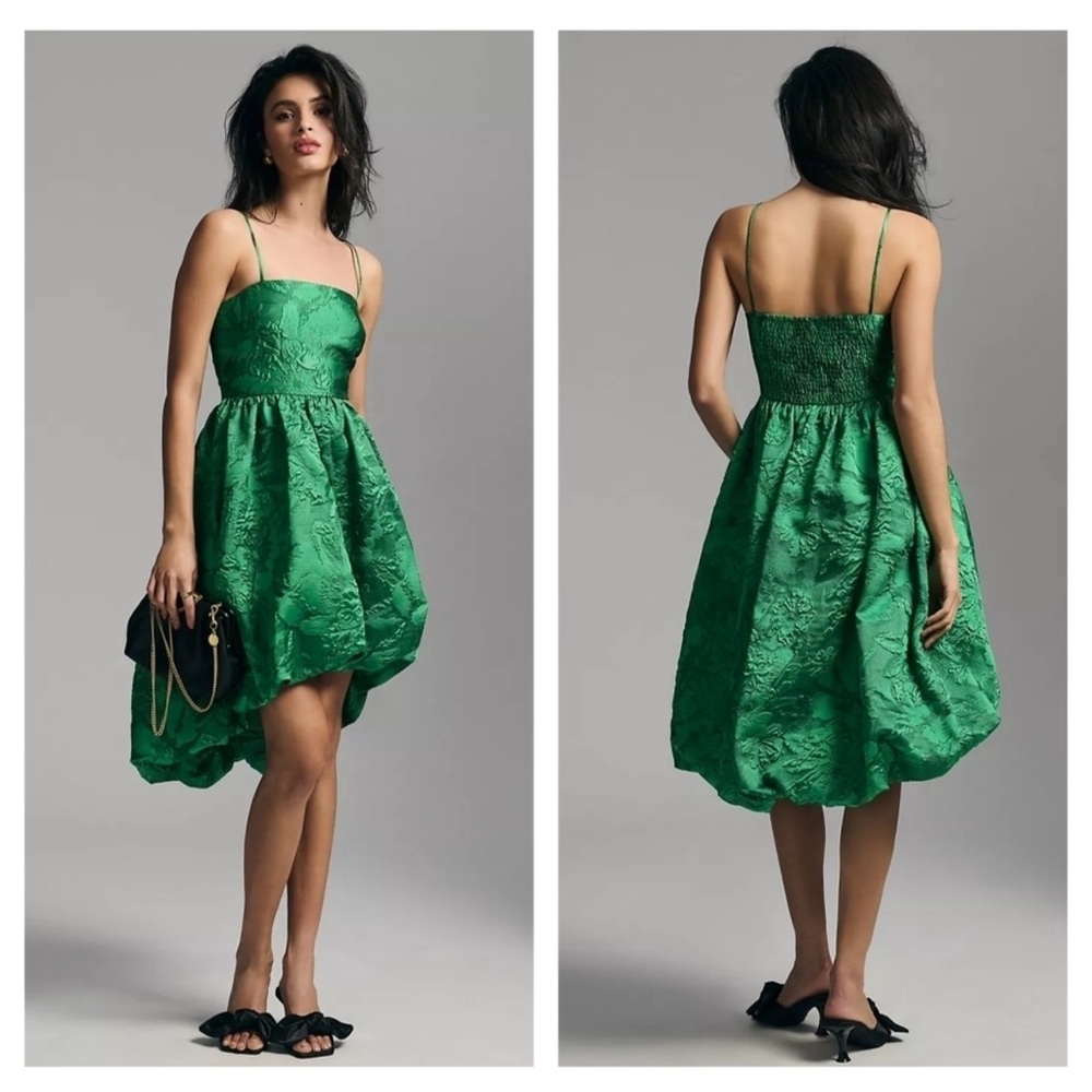 Anthropologie Jacquard Bubble Dress Green Size 2 Square Neck Spaghetti Strap